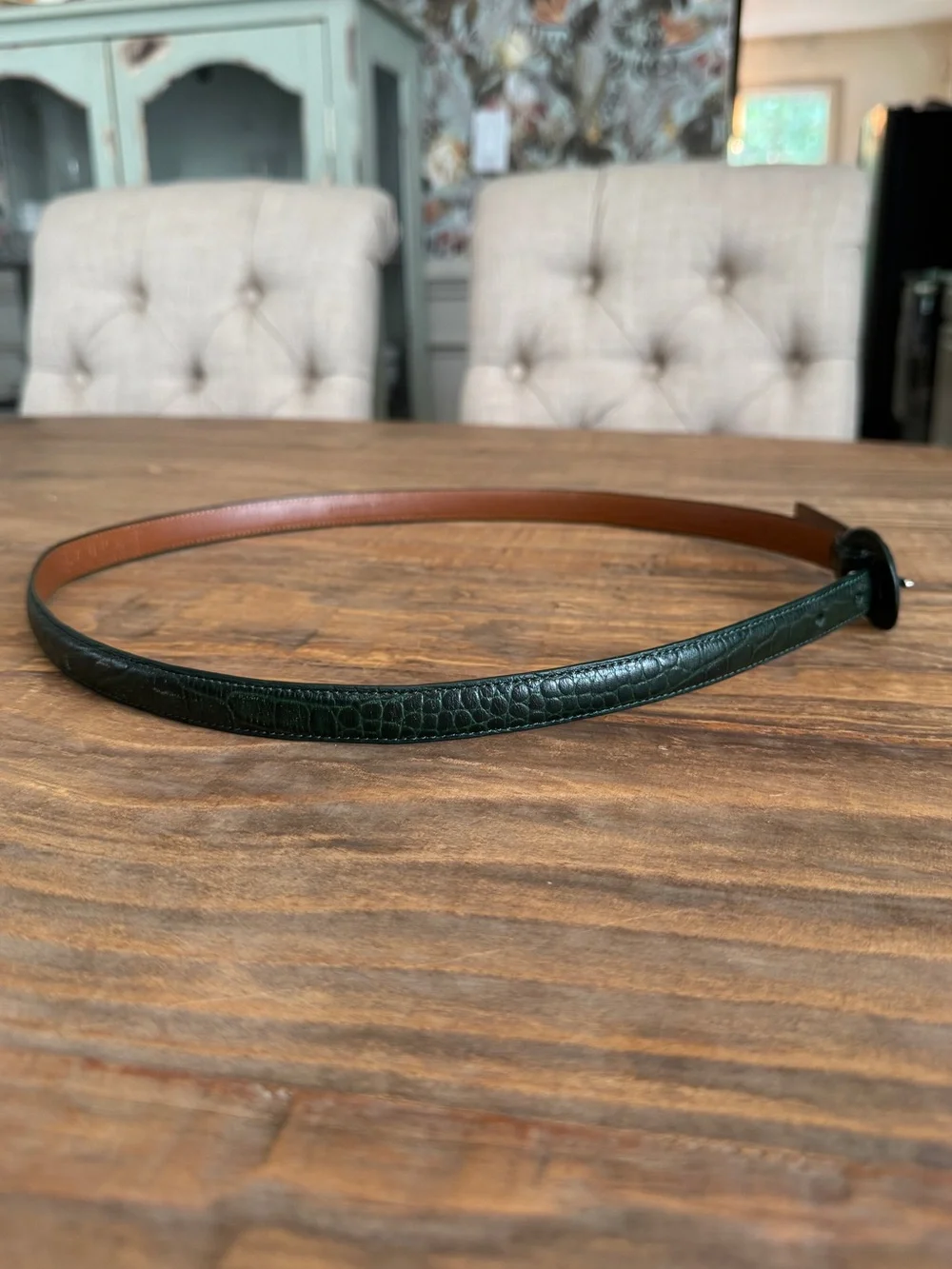 Vintage Lauren Ralph Lauren Dark Forest Green Croc Embossed Thin Belt Sz L 36